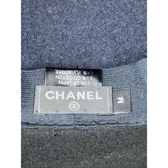 22 M Auth Chanel Wide Brim Felt Hat Black Navy CC Logo - Picture 8 of 12